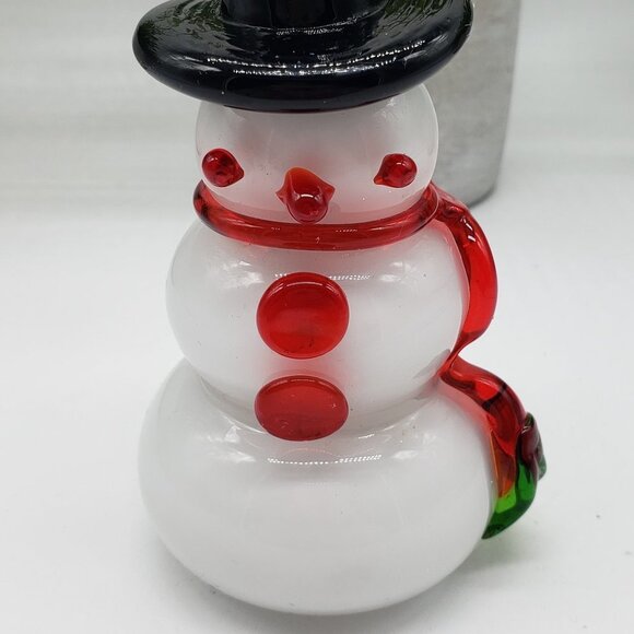 Hand Blown Snowman Red Green Scarf Black Top Hat Milk Glass Paperweight/Figure - Picture 9 of 9